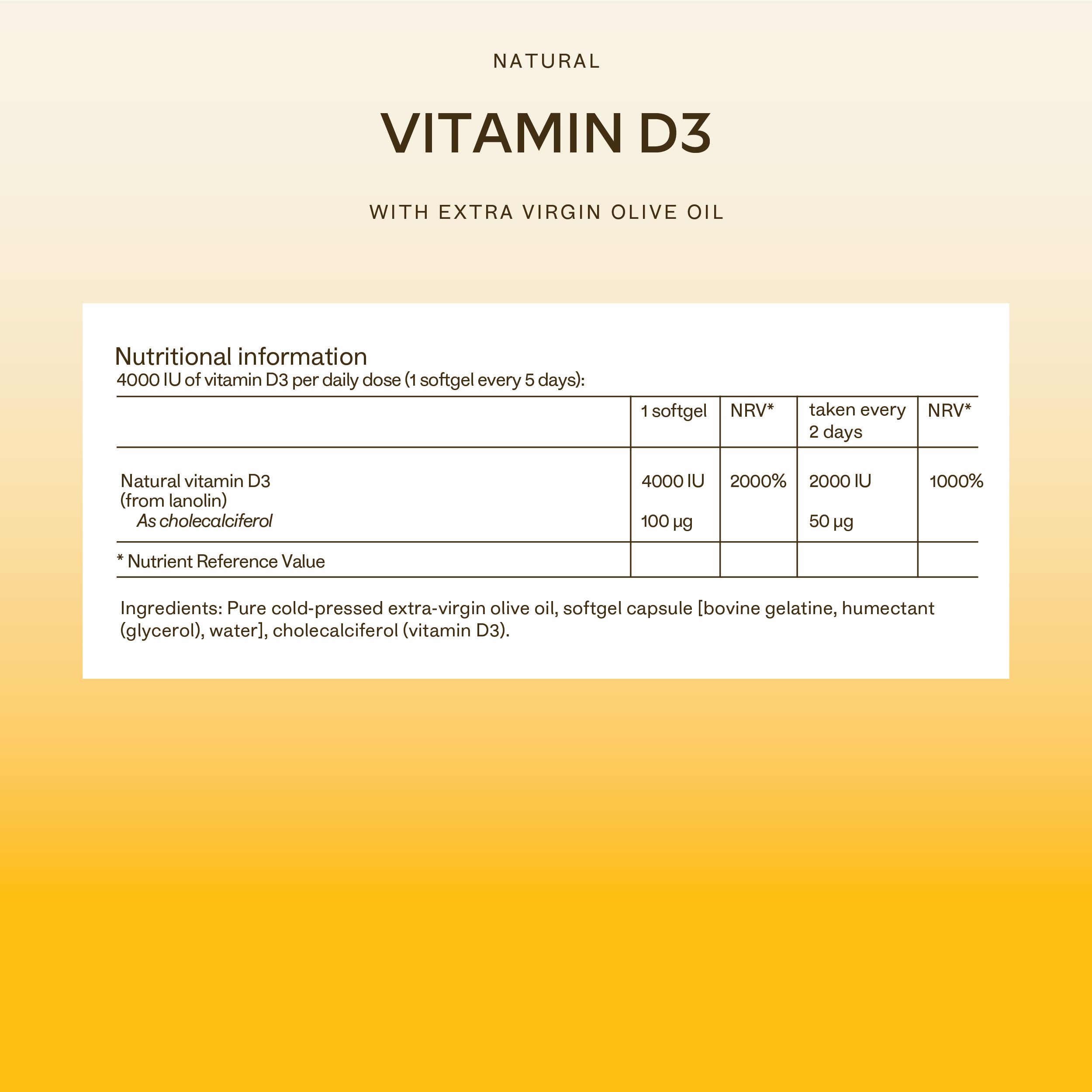 Nährwertangaben auf gelbem Hintergrund. Informationen zu Vitamin D3-Dosierung und Inhaltsstoffen.