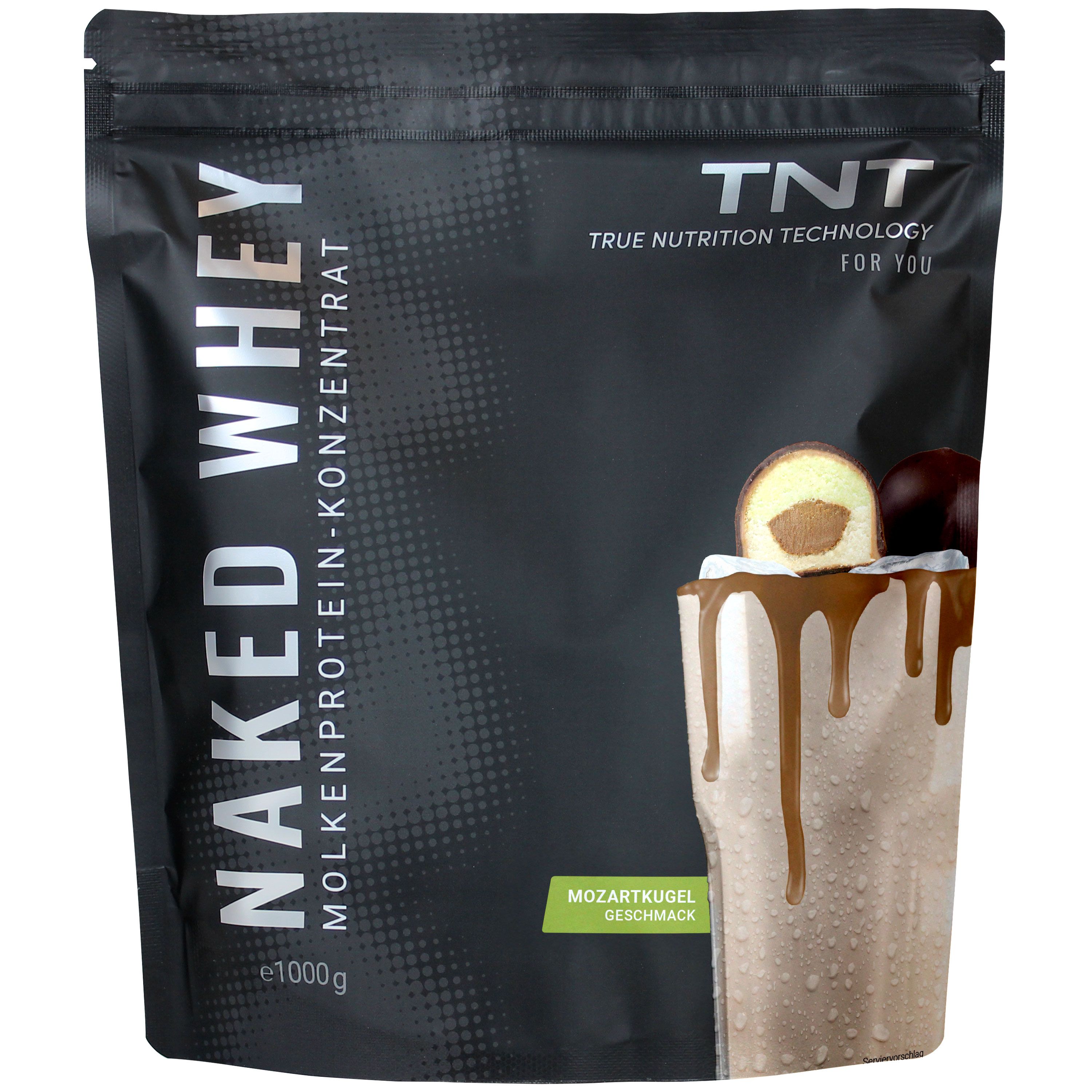 Schwarze Verpackung mit TNT Naked Whey. Text: Naked Whey Molkenprotein-Konzentrat, e1000g, Mozartkugel Geschmack.