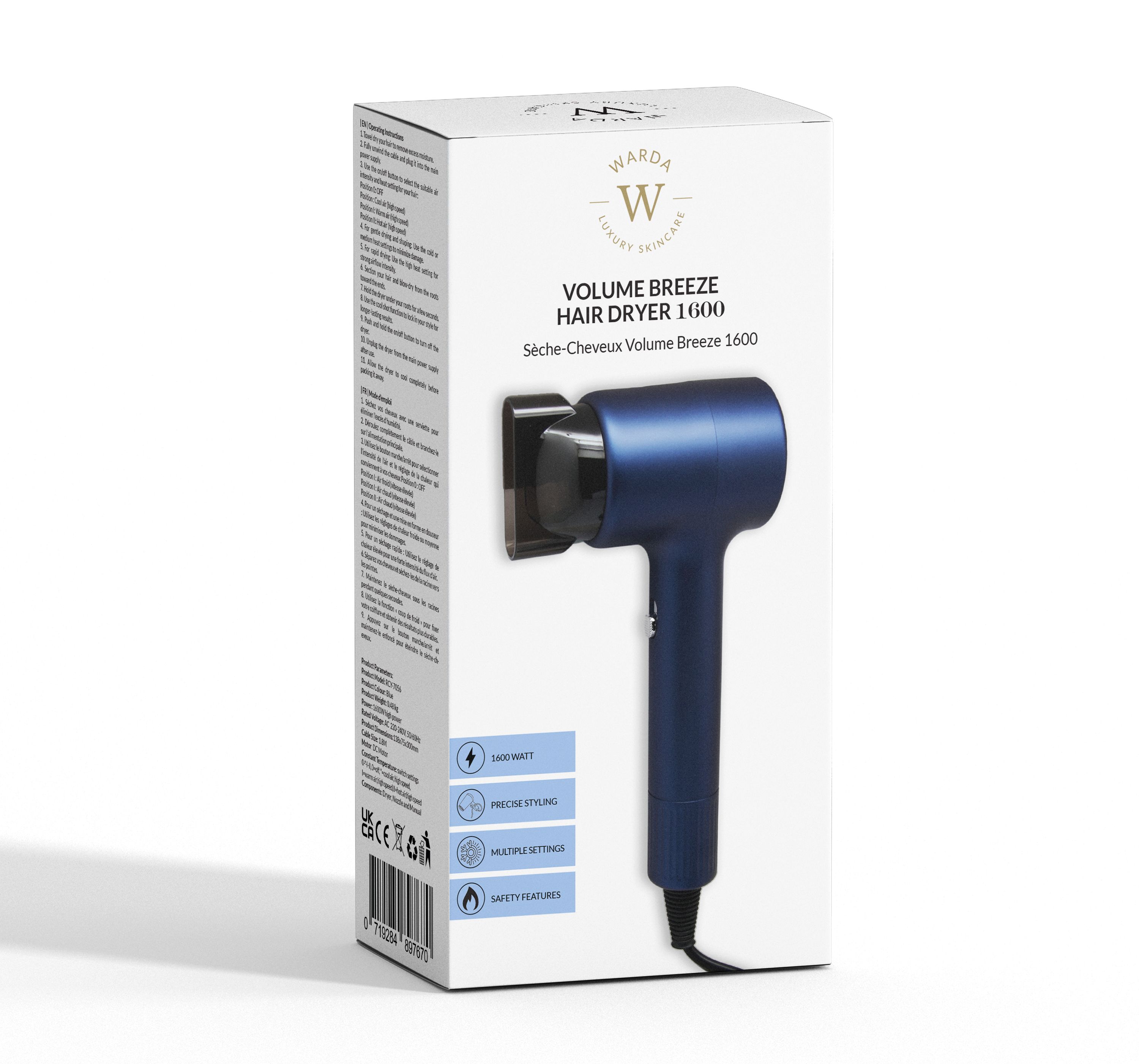 Blauer Haartrockner und Verpackung. Aufschrift: Warda Luxury Skincare, Volume Breeze Hair Dryer 1600.