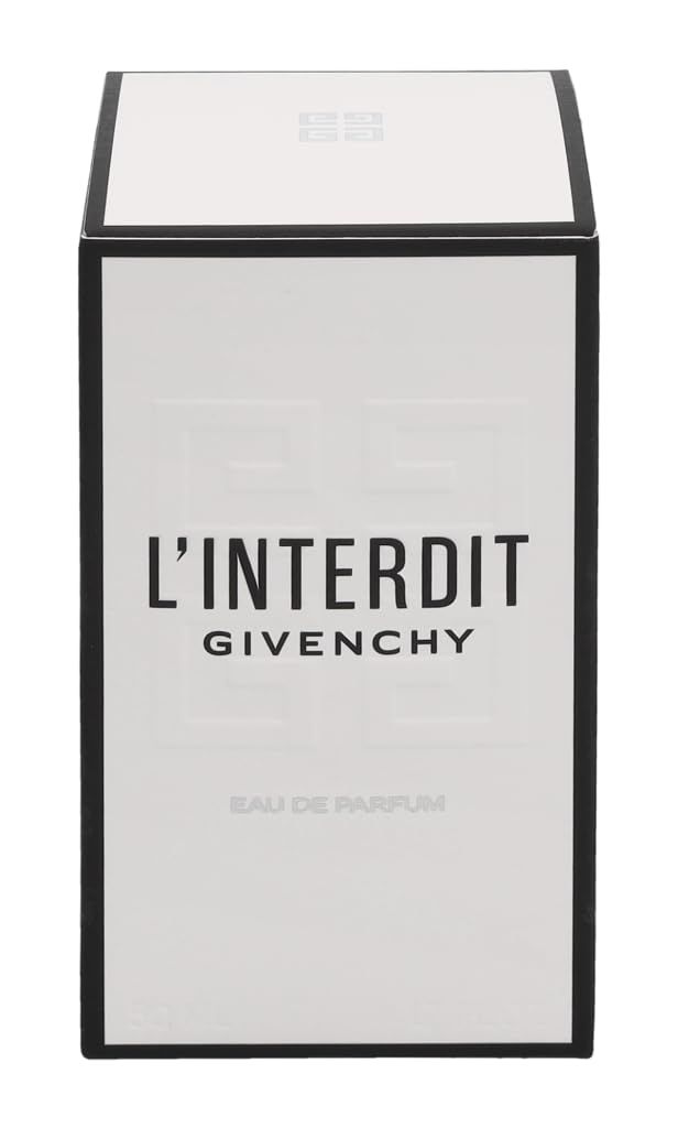 Weiße Schachtel mit schwarzer Schrift: L'Interdit Givenchy. Logo oben. Eau de Parfum. Schwarzer Rand.
