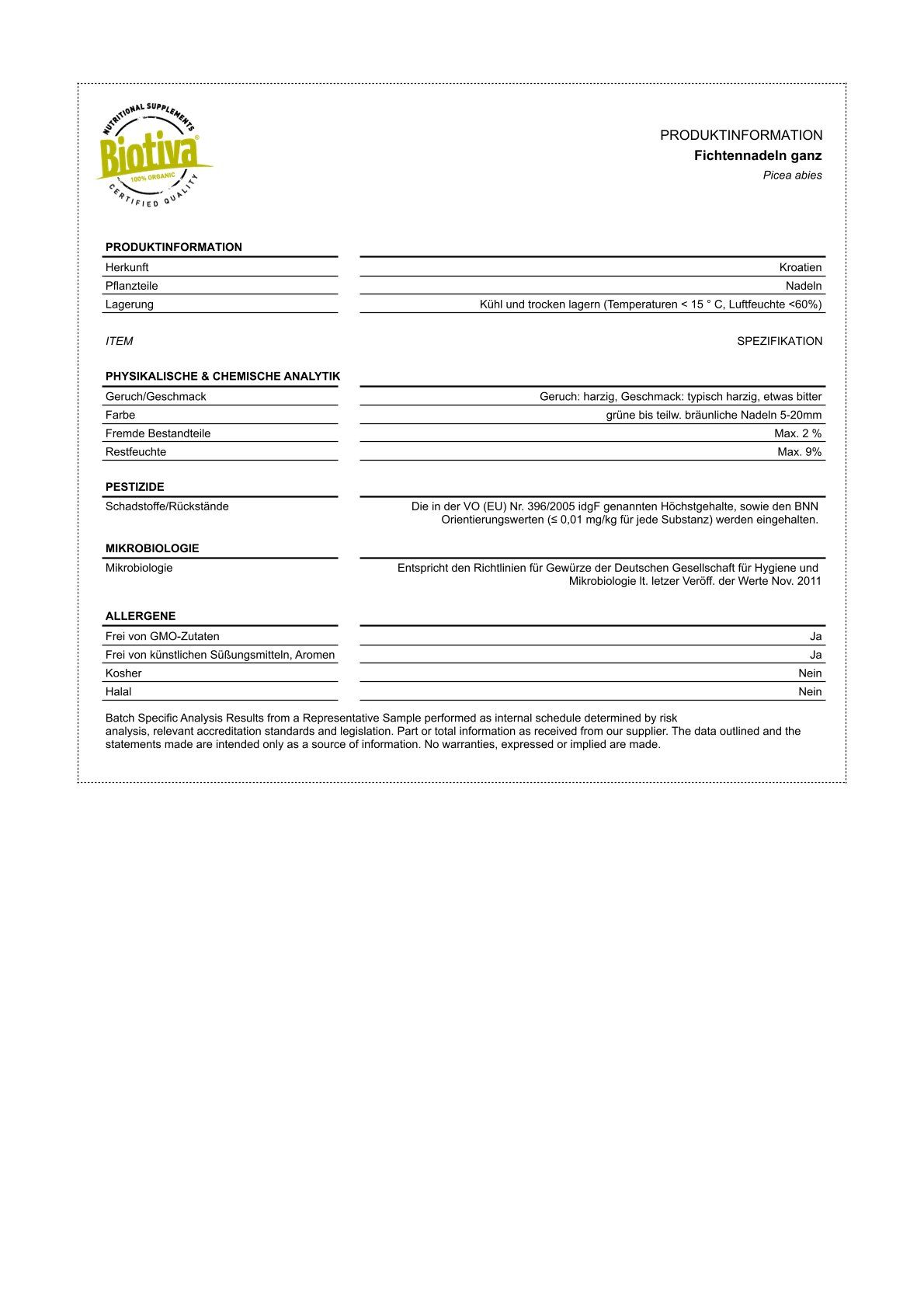 Produktinformationen zu Fichtennadeln. Text: Pflanzen, Lagerung, Item, Spezifikation, Analyse, Pestizide, Allergene, GMO-Zutaten.