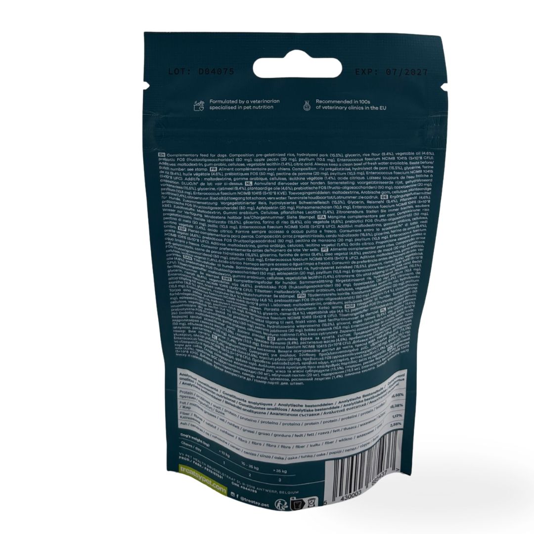 Rückseite der Probiotika-Verpackung. Enthält Informationen zu Inhaltsstoffen und Anwendung.