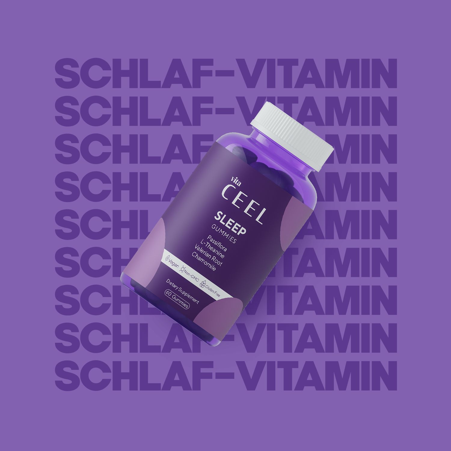Flasche Vita Ceel Sleep Gummies vor einem lila Hintergrund mit wiederholtem Text.