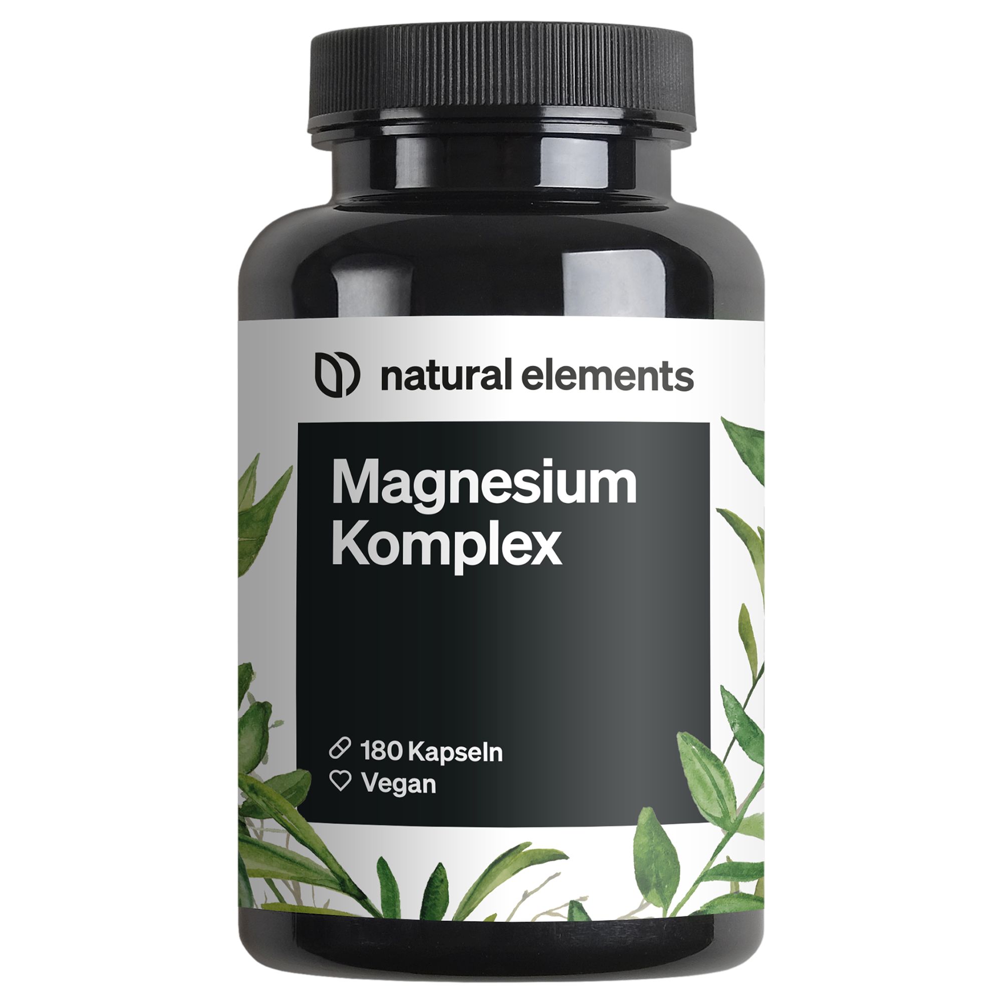 Schwarze Flasche mit 'Magnesium Komplex' Etikett. Enthält 180 Kapseln. Vegan.