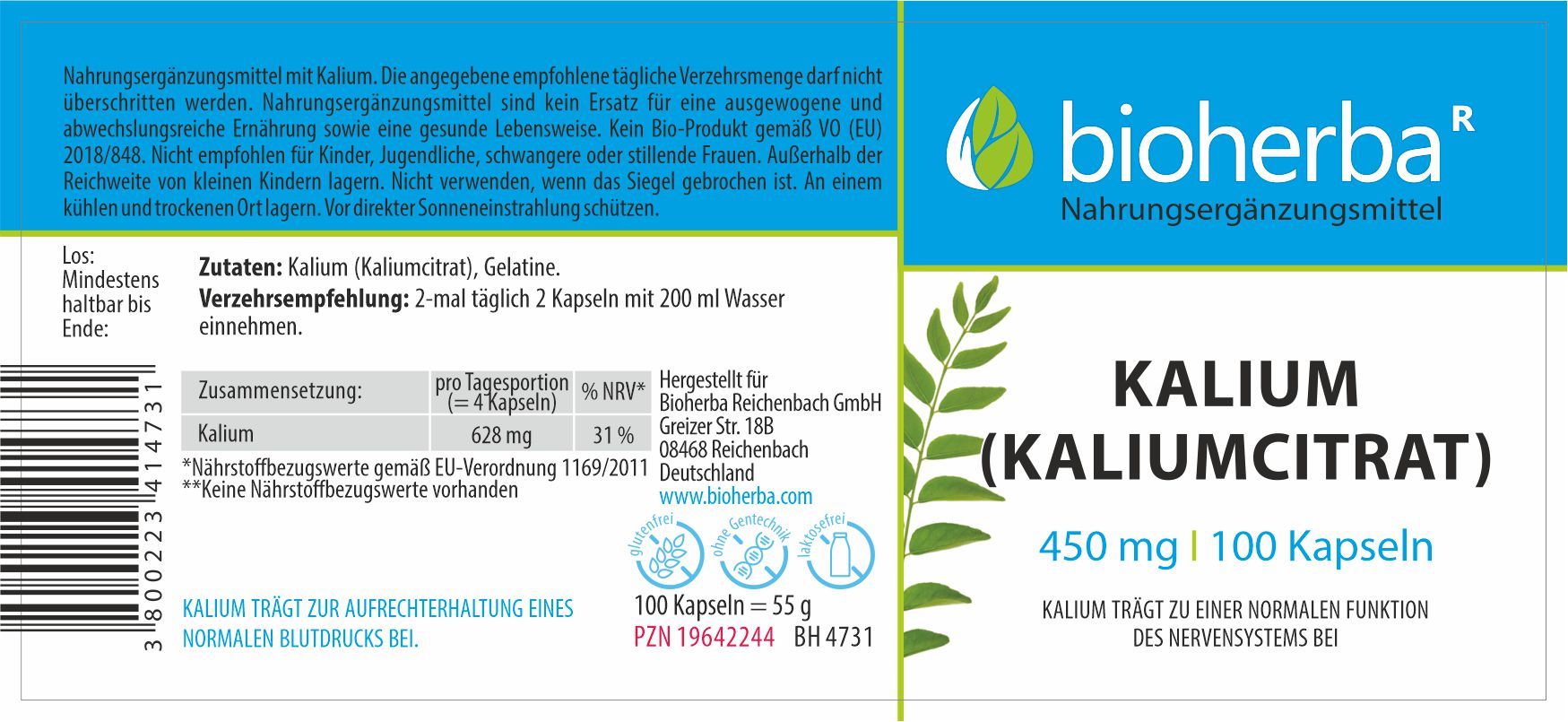 Etikett mit "bioherba" Logo und "Kalium (Kaliumcitrat) 450 mg | 100 Kapseln". Enthält Informationen zu Inhaltsstoffen und Dosierung.