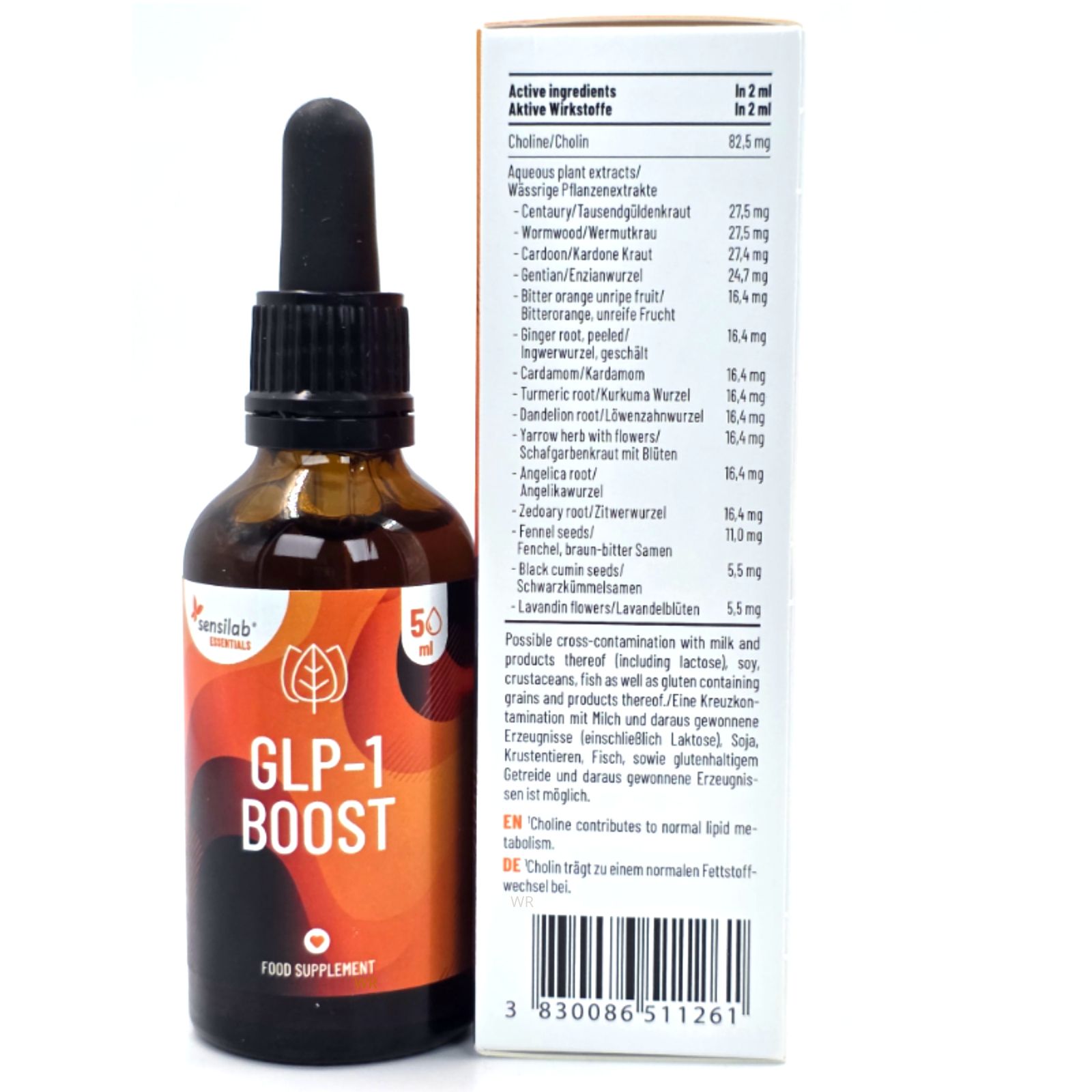 Braune Glasflasche mit schwarzer Pipette und Verpackung. Aufschrift: GLP-1 BOOST, Food Supplement. Inhaltsstoffe und Dosierung auf der Verpackung.
