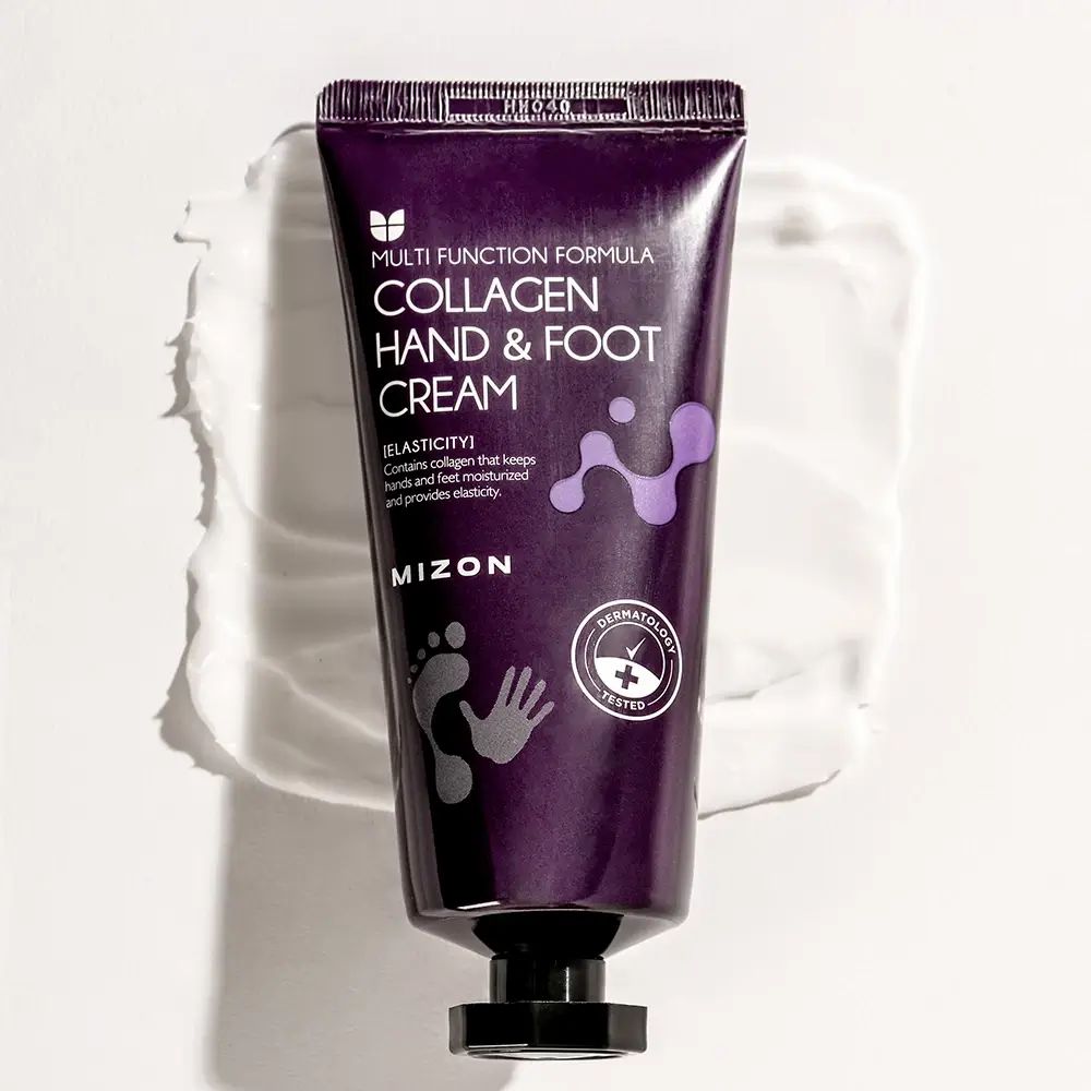 MIZON Collagen Hand & Foot Cream Tube auf weißem Untergrund mit Creme. Dermatologisch getestet.