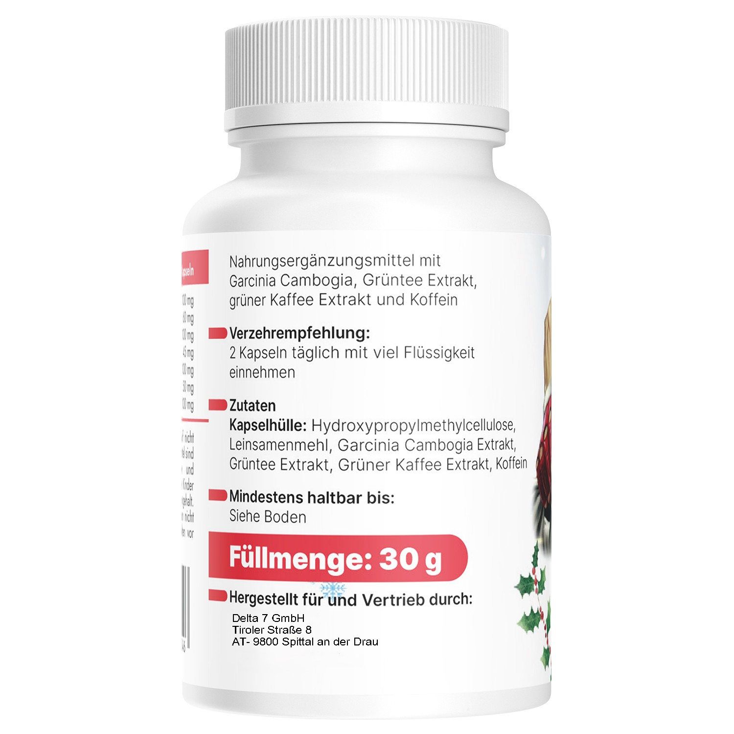 Rückseite einer weißen Flasche. Text: Nahrungsergänzungsmittel mit Inhaltsstoffen. Verzehrempfehlung: 2 Kapseln täglich. Füllmenge: 30 g.