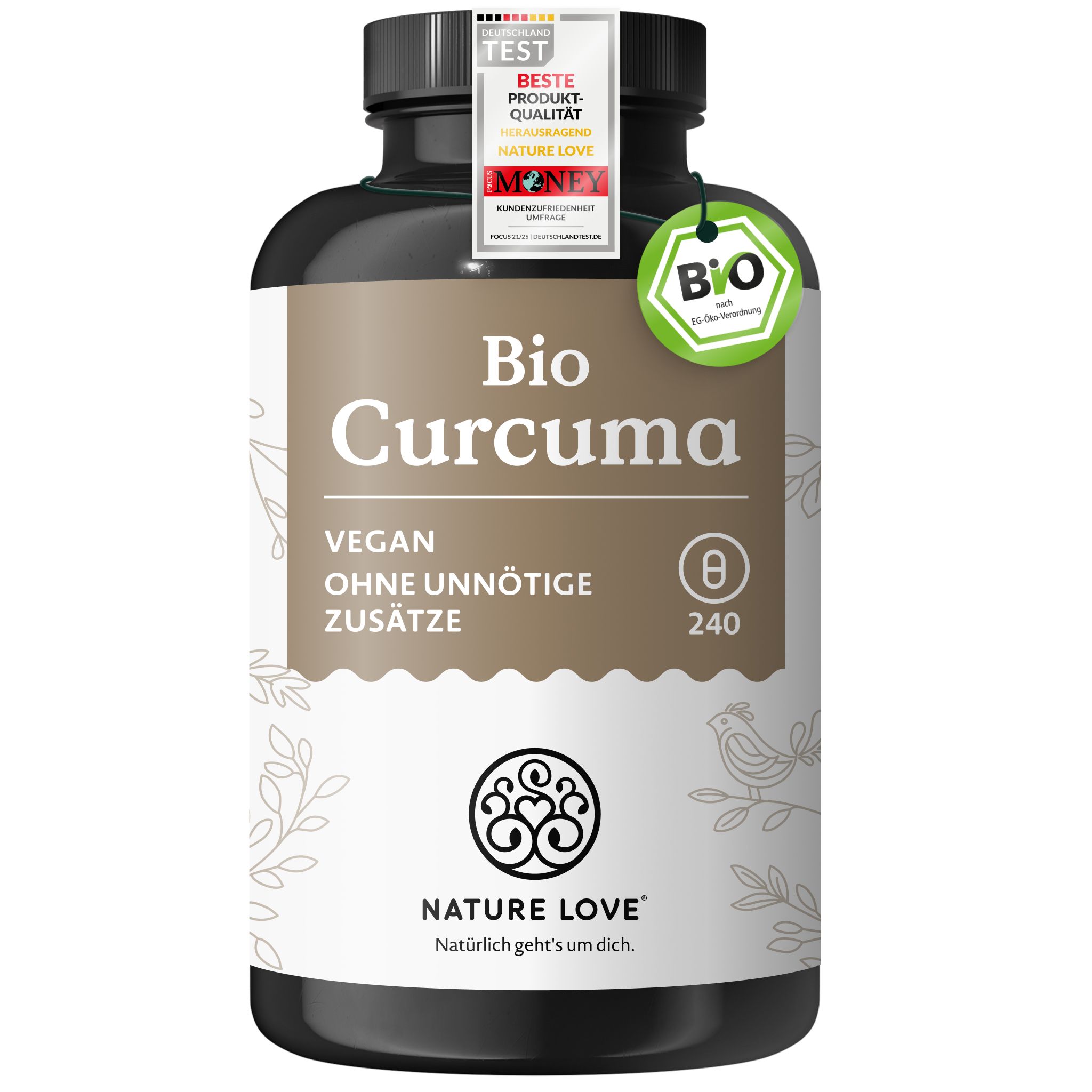 NATURE LOVE Bio Curcuma: Flasche mit 240 Kapseln. Vegan, ohne unnötige Zusätze.