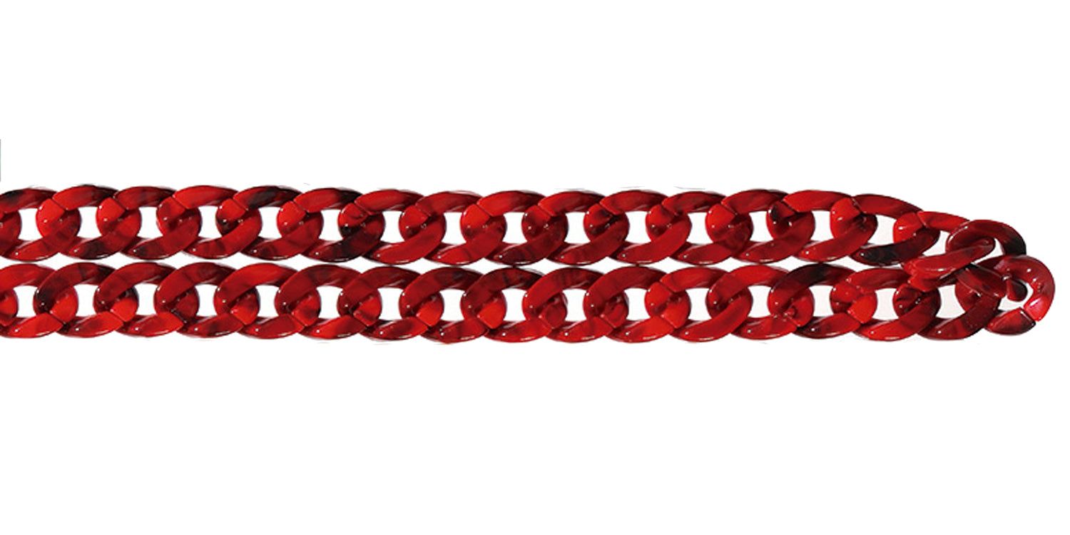 Brillenkette, rot-braune Kettenglieder, Metallösen. Für Brillen. Auf weißem Hintergrund.