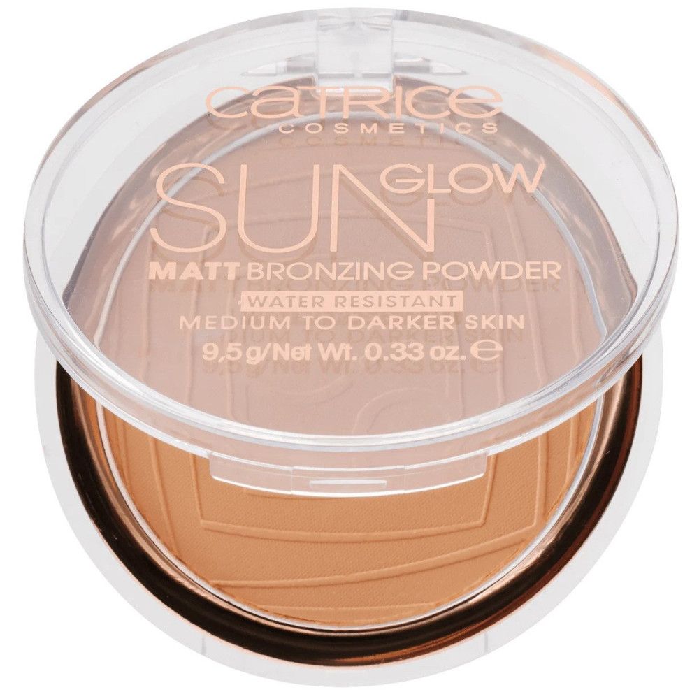 Runder Bronzer-Puder in transparenter Dose. Deckel mit Schriftzug. "SUN GLOW" und "MATT BRONZING POWDER" sichtbar. Für mittlere bis dunklere Haut.