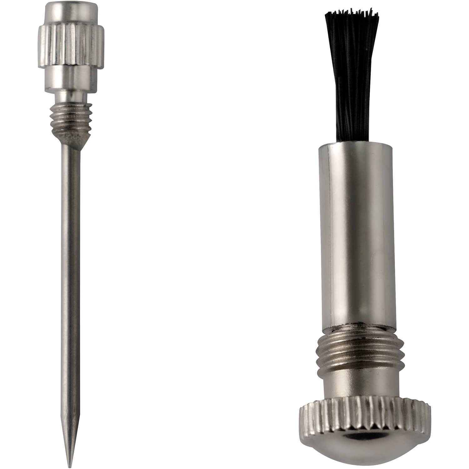 Metall-Reflexhammer-Zubehör: Nadel und Pinsel. Nadel mit geriffelter Spitze. Pinsel mit schwarzen Borsten.