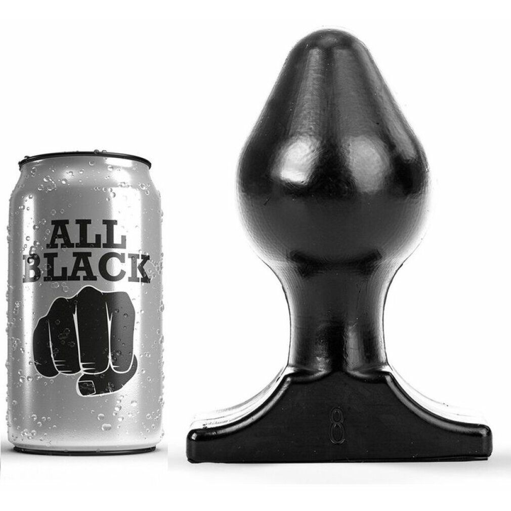 Schwarzer Anus-Plug mit breiter Basis. Daneben eine Dose mit "ALL BLACK" Aufdruck und Faust-Symbol.