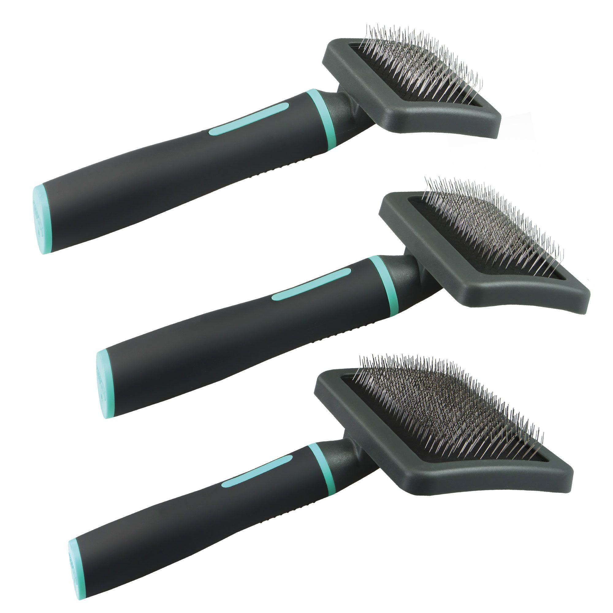 Drei Hunde Zupfbürsten, schwarz-türkis, mit Metallborsten. Ergonomische Griffe.