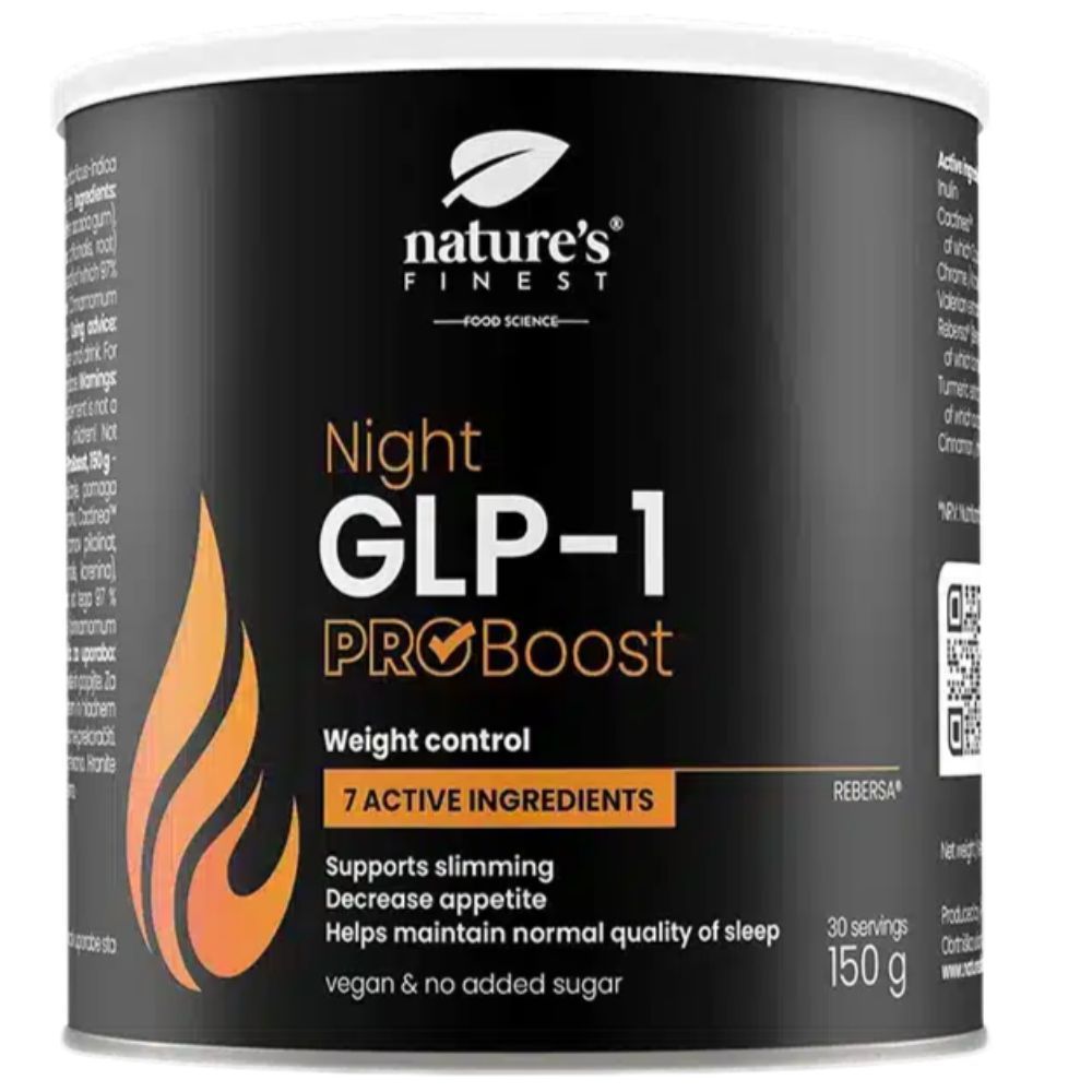 Dose Nature's Finest Night GLP-1 ProBoost. Schwarzer Behälter mit weißer Schrift. Enthält 7 Wirkstoffe. Vegan und ohne Zuckerzusatz.