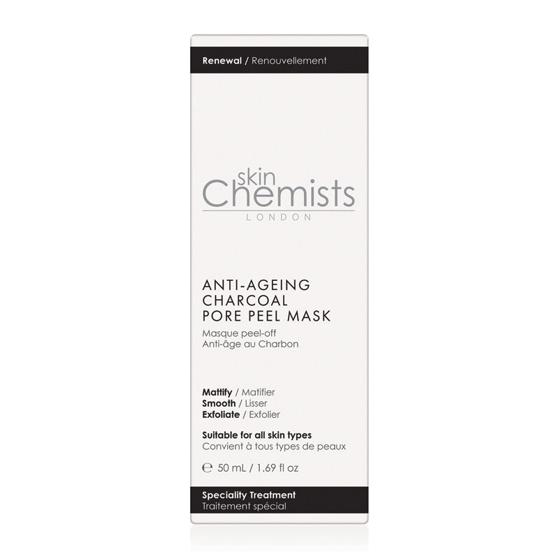 Verpackung. Weiß mit schwarzem Streifen. Text: Anti-Ageing Charcoal Pore Peel Mask, skinChemists. Enthält Informationen über die Eigenschaften.