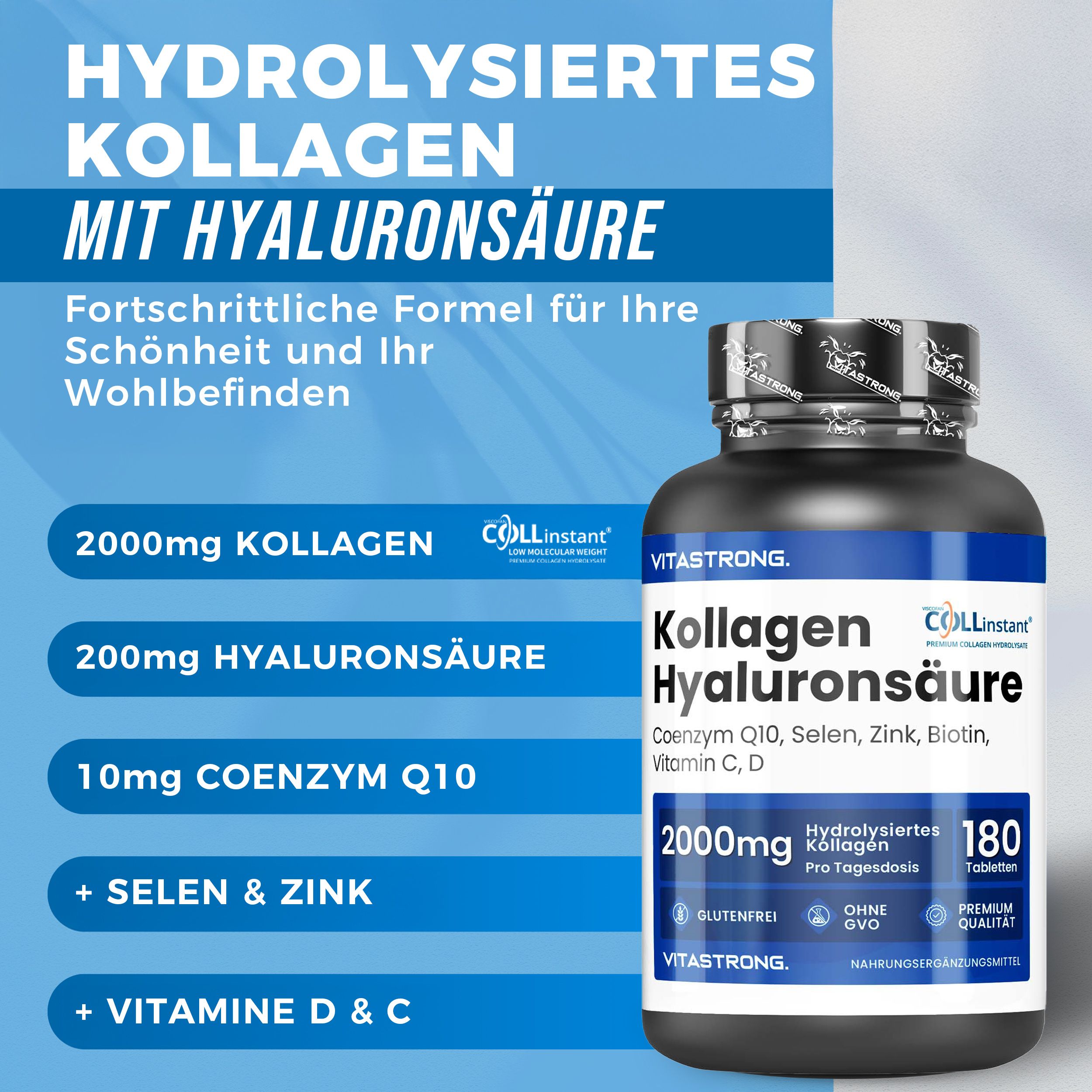 Vitastrong Kollagen + Hyaluronsäure. 180 Tabletten. Blaue Infografik mit Produkt und Inhaltsstoffen.