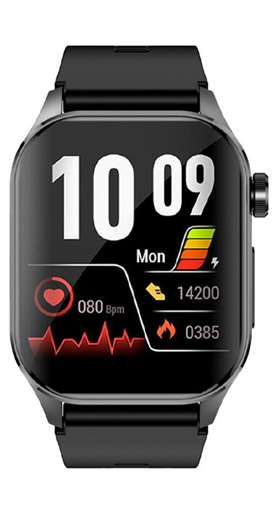 Nahaufnahme einer schwarzen Smartwatch mit Gesundheitsdaten auf dem Display: Herzfrequenz, Schritte, Kalorien.