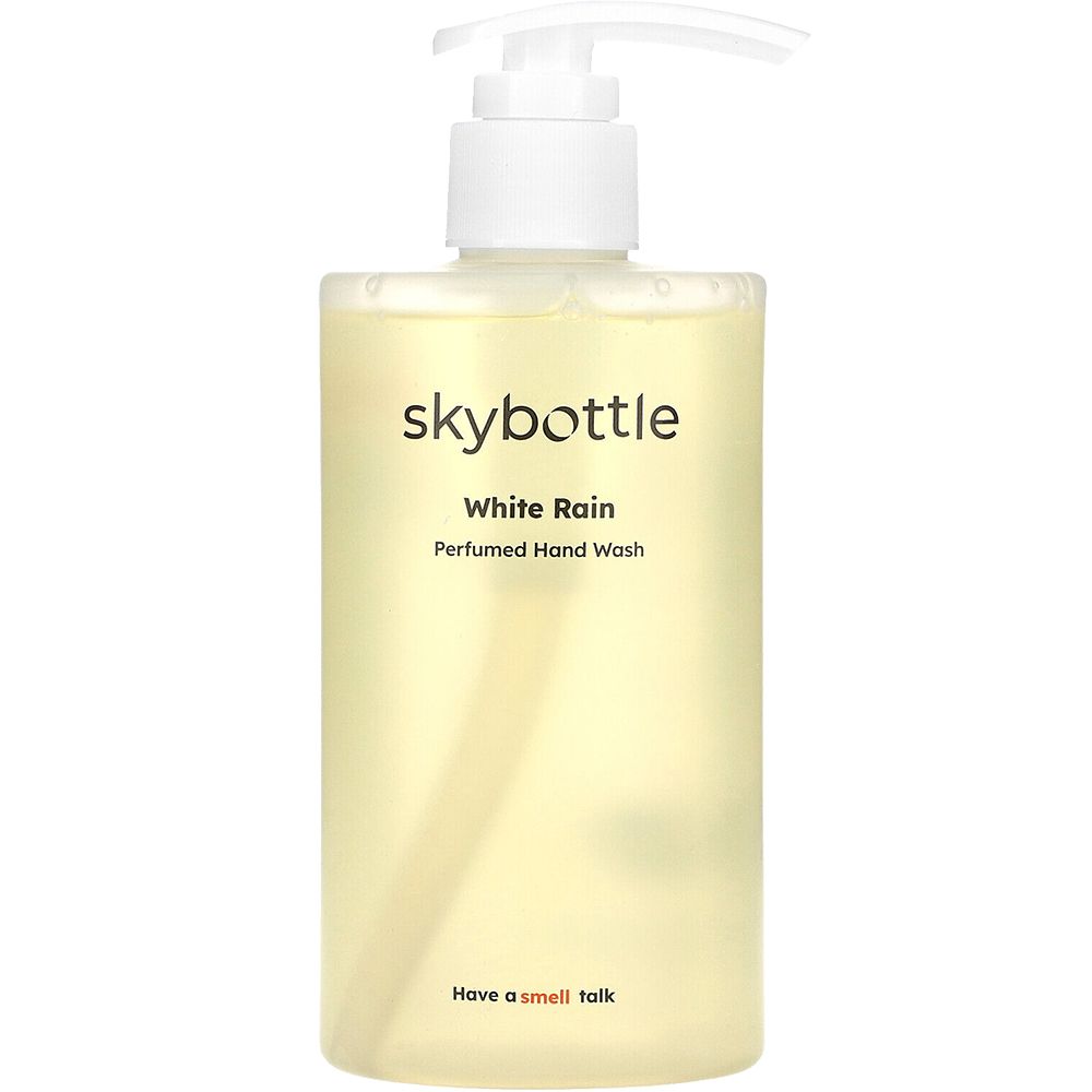 Transparente Flasche mit weißem Pumpverschluss. Aufschrift: skybottle, White Rain, Perfumed Hand Wash. Untertitel: Have a smell talk.