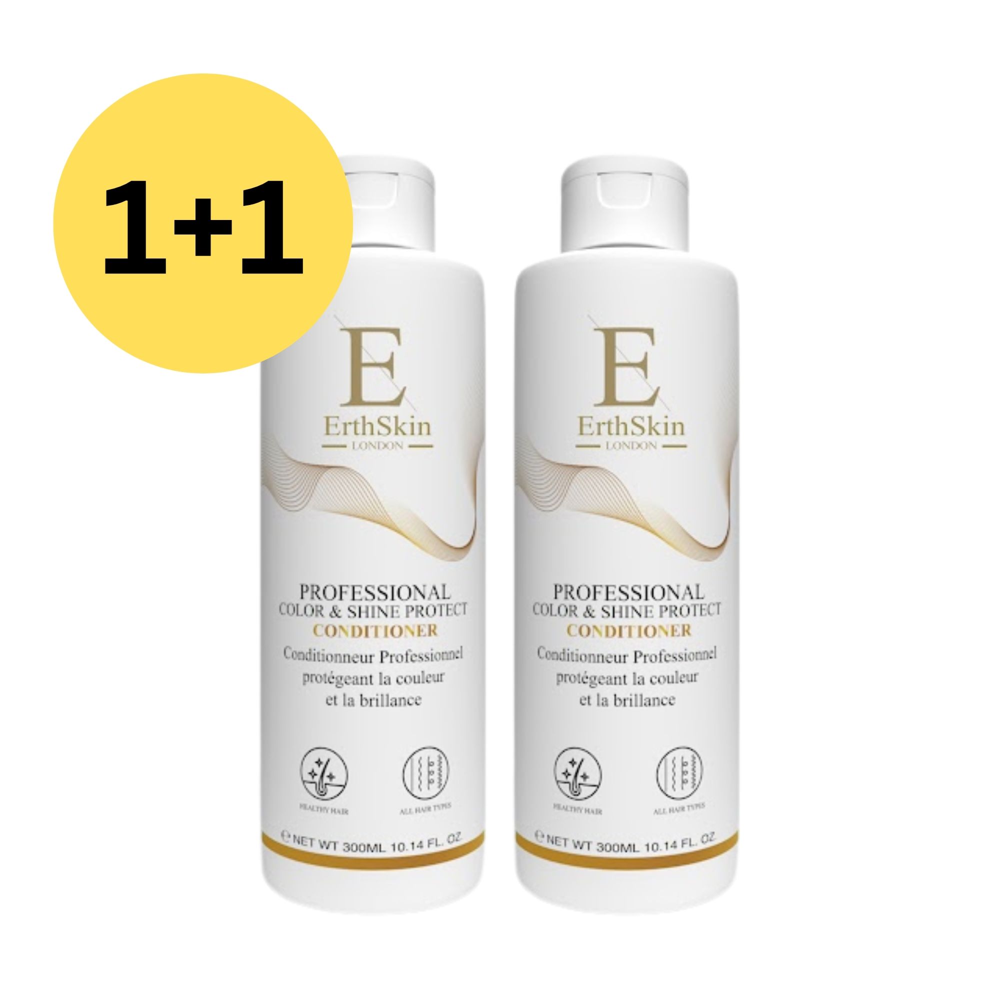 Zwei Flaschen Conditioner. Aufschrift: ErthSkin London. Text: Professional Color & Shine Protect Conditioner. Gelber Kreis mit 1+1.