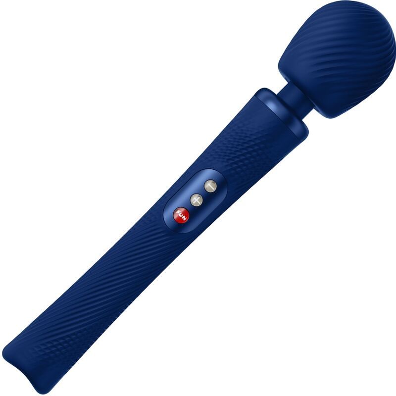 Blauer Vibrator. Geriffelter Kopf, Griff mit Knöpfen und rotem Logo.