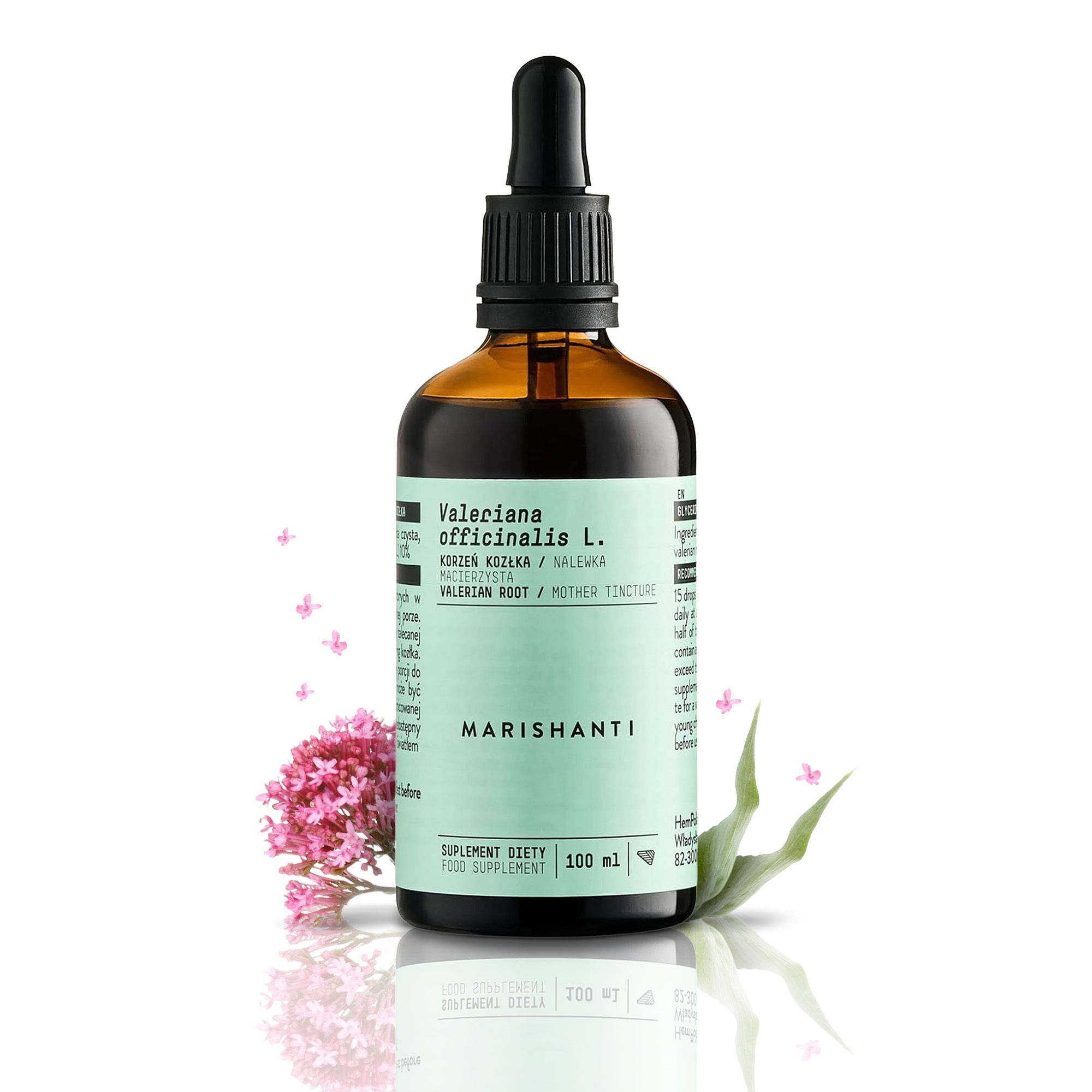 Braune Flasche mit Tropfer. Aufschrift: Marishanti, Baldrianwurzel Extrakt. Rosa Blüten und Blätter.