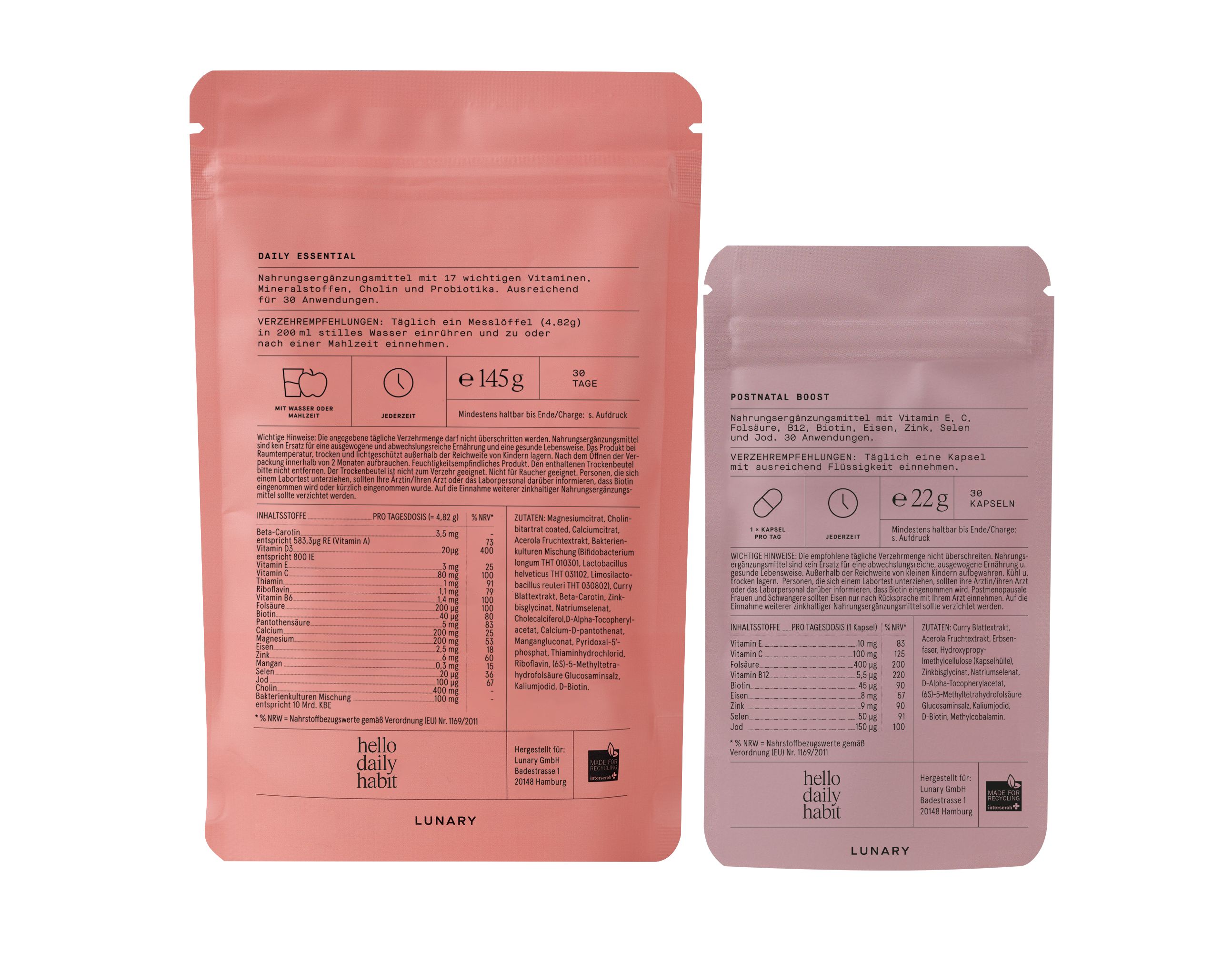 LUNARY Postnatal Set - für Frauen während der Stillzeit, mit Omega-3, Folsäure, Cholin, Eisen