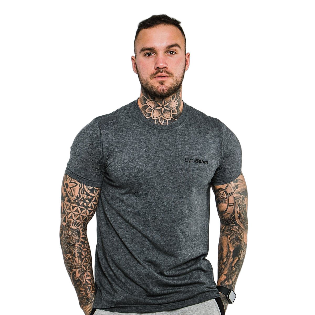 GymBeam Herren T-Shirt, dunkelgrau, kurzärmelig, Regular Fit, mit kleinem Logo auf der Brust.
