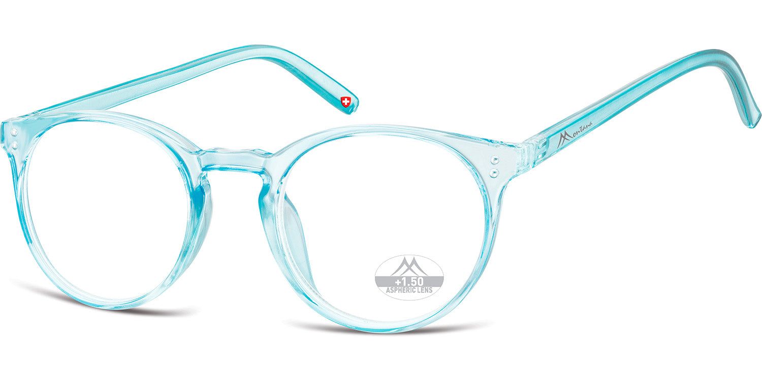 Hellblaue Brille mit runden Gläsern. Montana Eyewear Logo am Bügel. Schweizer Kreuz am Scharnier.