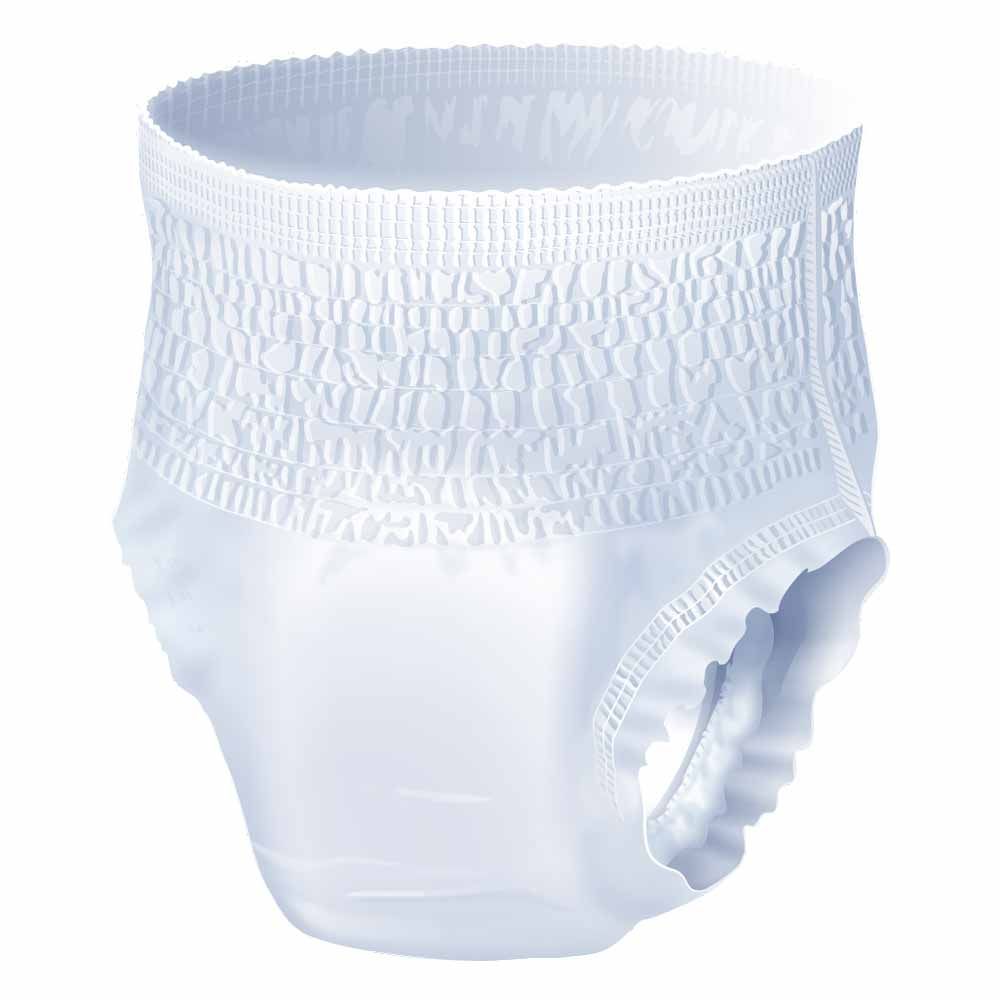 Weiße Inkontinenzhose. Elastische Bündchen an Taille und Beinen. Blick von vorne.