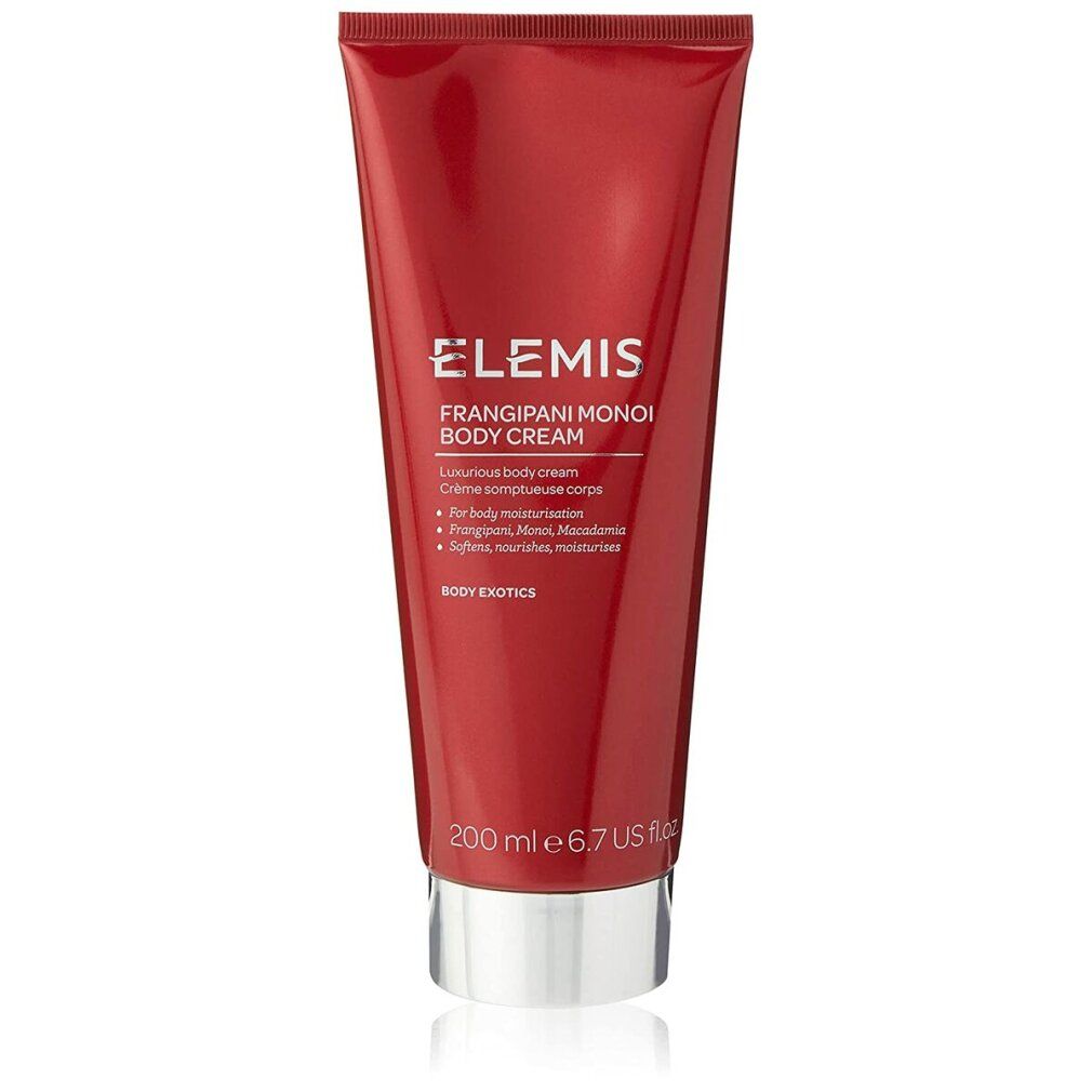 Rote Tube mit Produktaufschrift. Elemis Frangipani Monoi Body Cream. 200 ml. Aufschrift: Luxurious body cream.