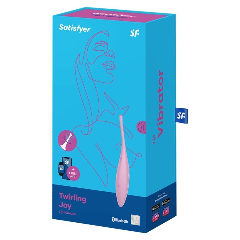Verpackung von Satisfyer Vibrator. Blau mit Produktabbildung und Schriftzug "Twirling Joy".