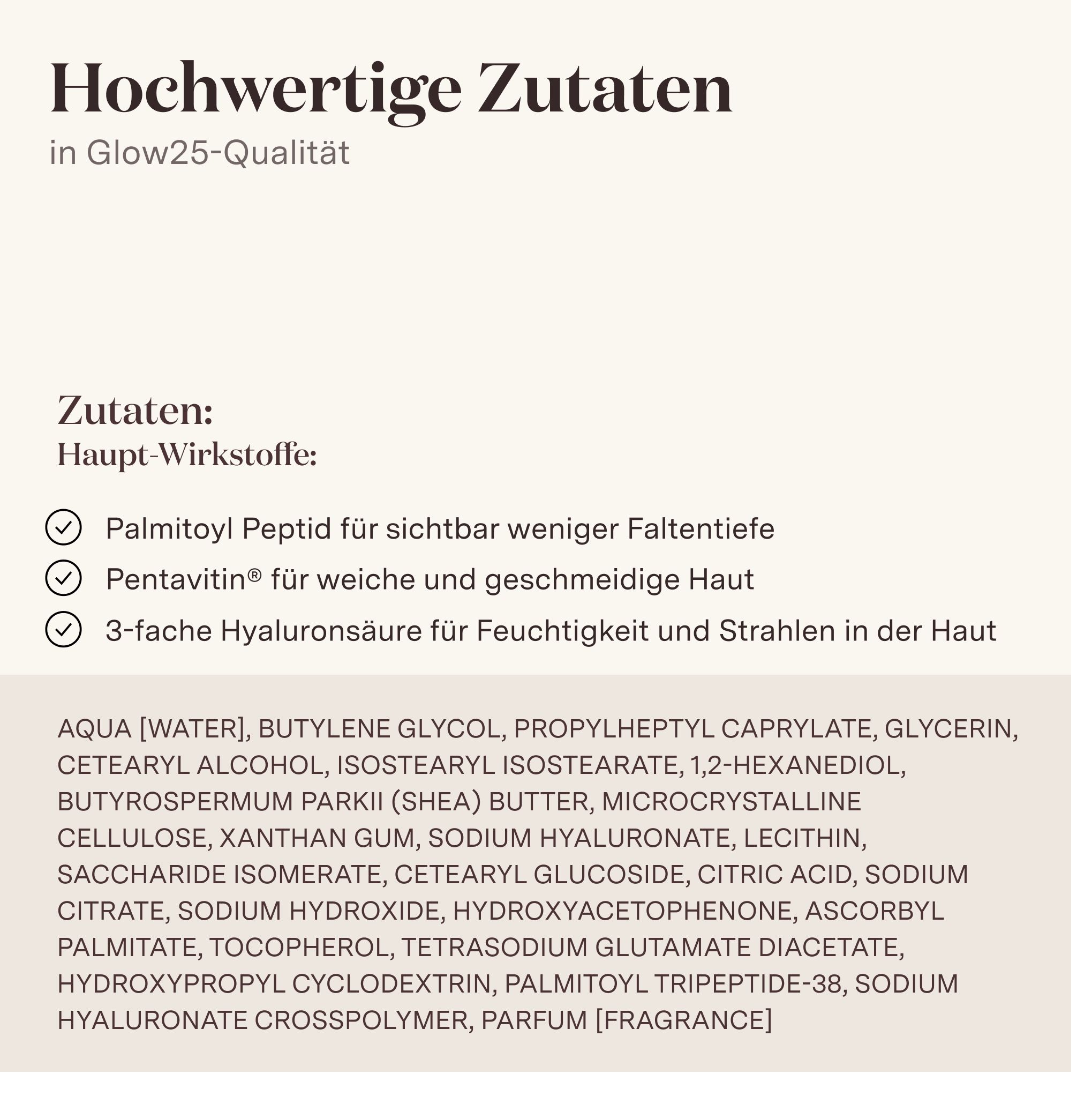 Text: Hochwertige Zutaten. Auflistung von Inhaltsstoffen und Hauptwirkstoffen.