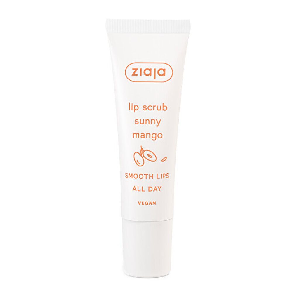 Weiße Tube mit Produkttext. Aufschrift: Ziaja, Lip Scrub Sunny Mango, Smooth Lips All Day, Vegan. Abbildung von Früchten.