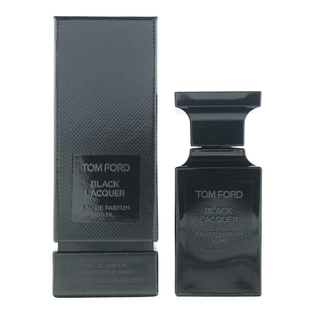 Schwarze Eau de Parfum Flasche und Verpackung. Aufschrift: TOM FORD BLACK LACQUER. Eau de Parfum 50 ml.