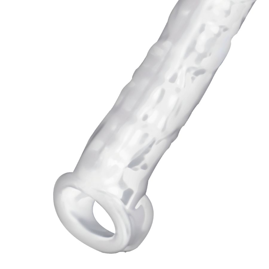 Nahaufnahme einer transparenten Penis-Erweiterung mit einem Ring am Ende.