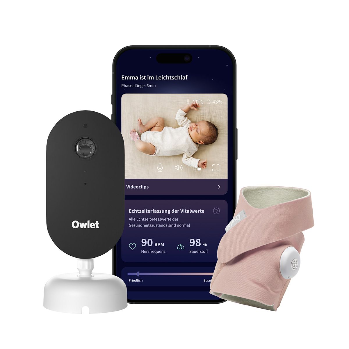 Owlet Dream Duo. Kamera, Smartphone mit Vitaldaten-Anzeige, rosa Socke mit Sensor. Herzfrequenz 90 BPM, Sauerstoffsättigung 98%.