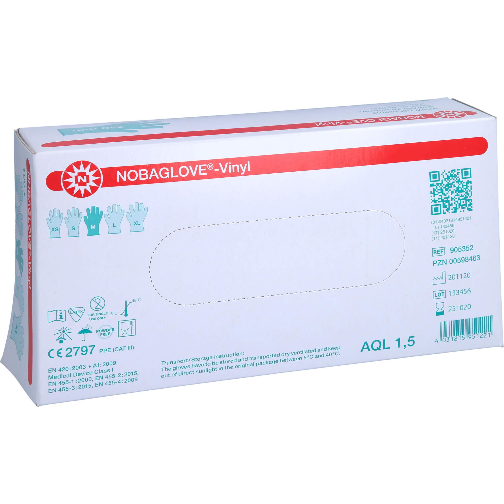 Kartonverpackung mit Produktlogo und -bezeichnung. Enthält Informationen zu Zertifizierungen und technischen Daten. AQL 1,5.