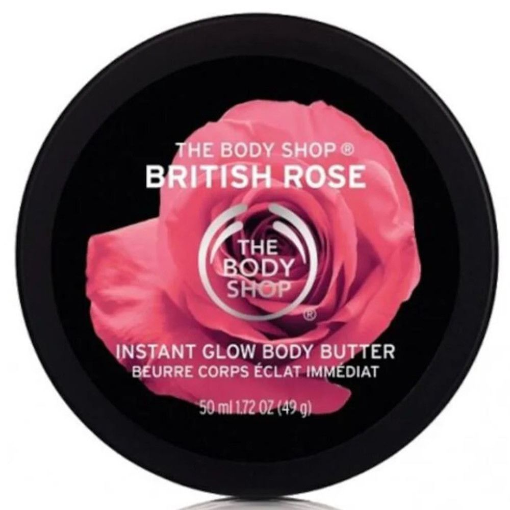 Runder Behälter mit Deckel. Rose und Schriftzug British Rose. Produktname und Logo The Body Shop.