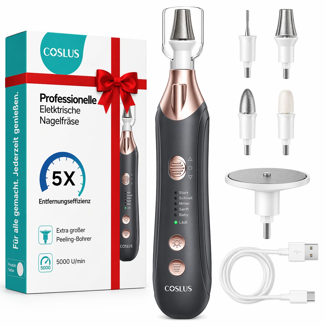 COSLUS Professionelle Elektrische Nagelfräser Set. Schwarzes Gerät, Zubehör, Verpackung. 5X Entfernungseffizienz. 5000 U/min.