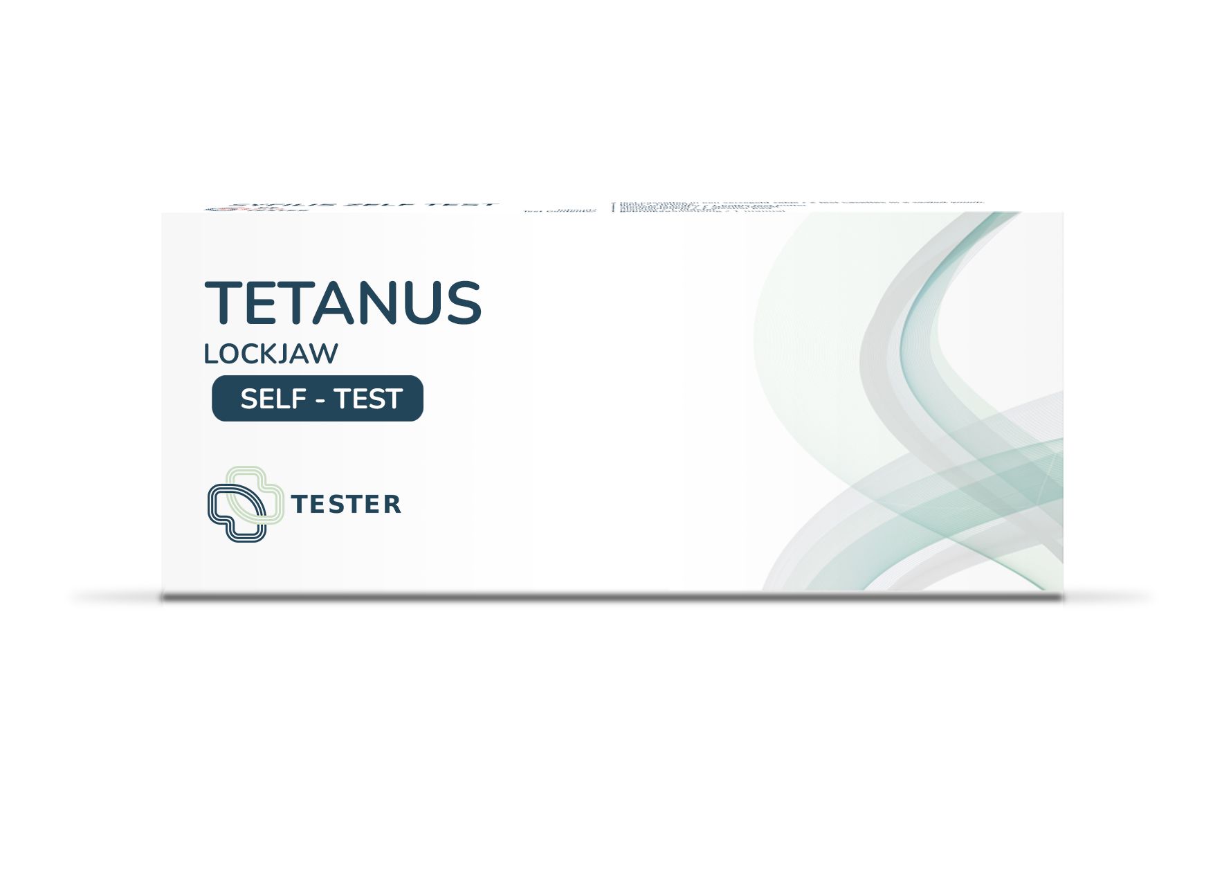 Karton mit "Tetanus Lockjaw Self-Test"-Aufdruck. Logo und Wellenmuster. Tester-Logo.