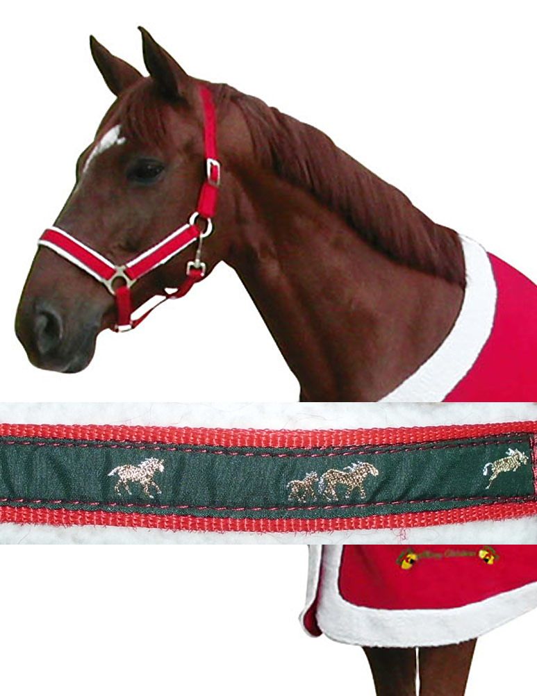 Weihnachtshalfter, rot/weiß für Pferde. Rotes Halfter mit weißem Rand und Zierband mit Pferdemotiven.