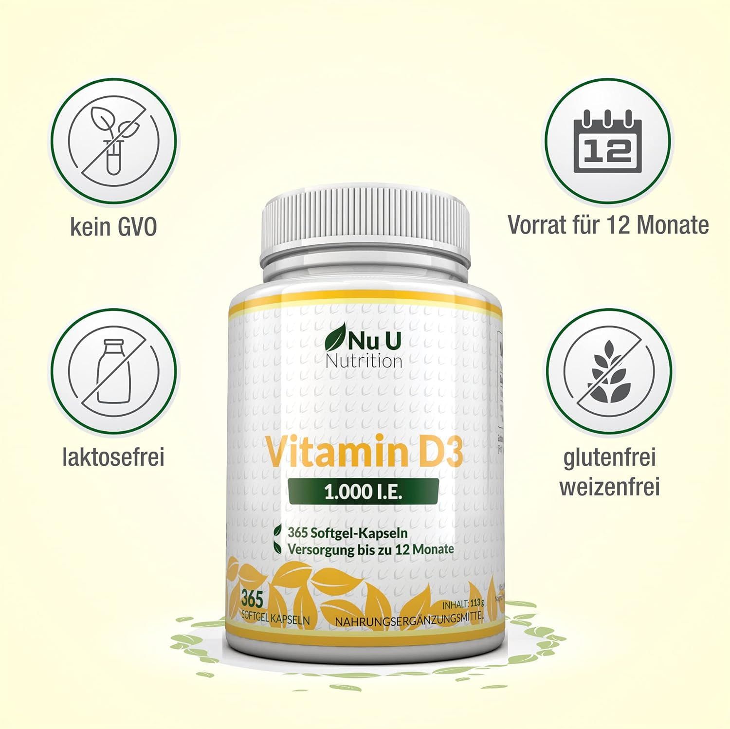 Eine Flasche mit Vitamin D3-Kapseln. Aufschrift: "Vitamin D3 1.000 I.E." und "365 Softgel-Kapseln".