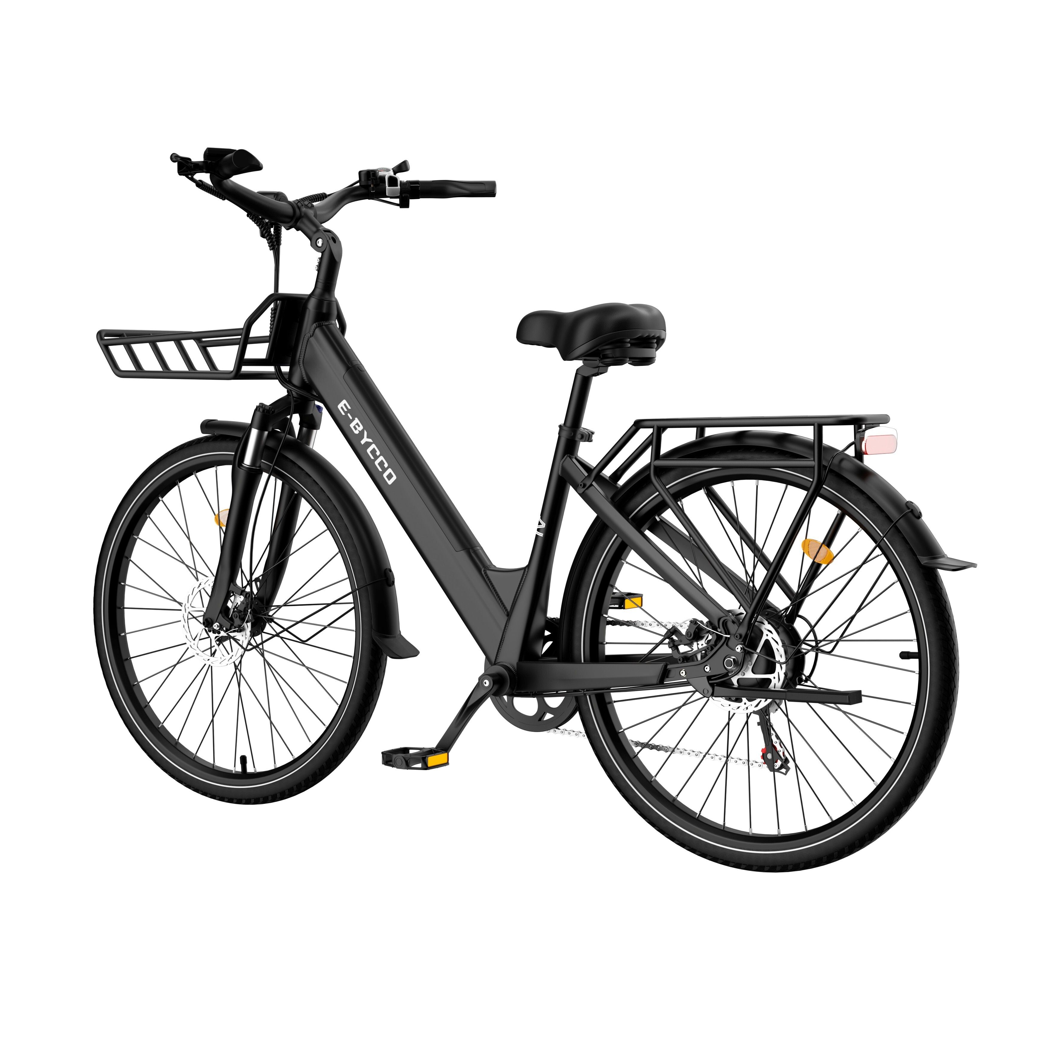 Schwarzes E-Bike mit Korb und Gepäckträger. Marke E-BYCCO.