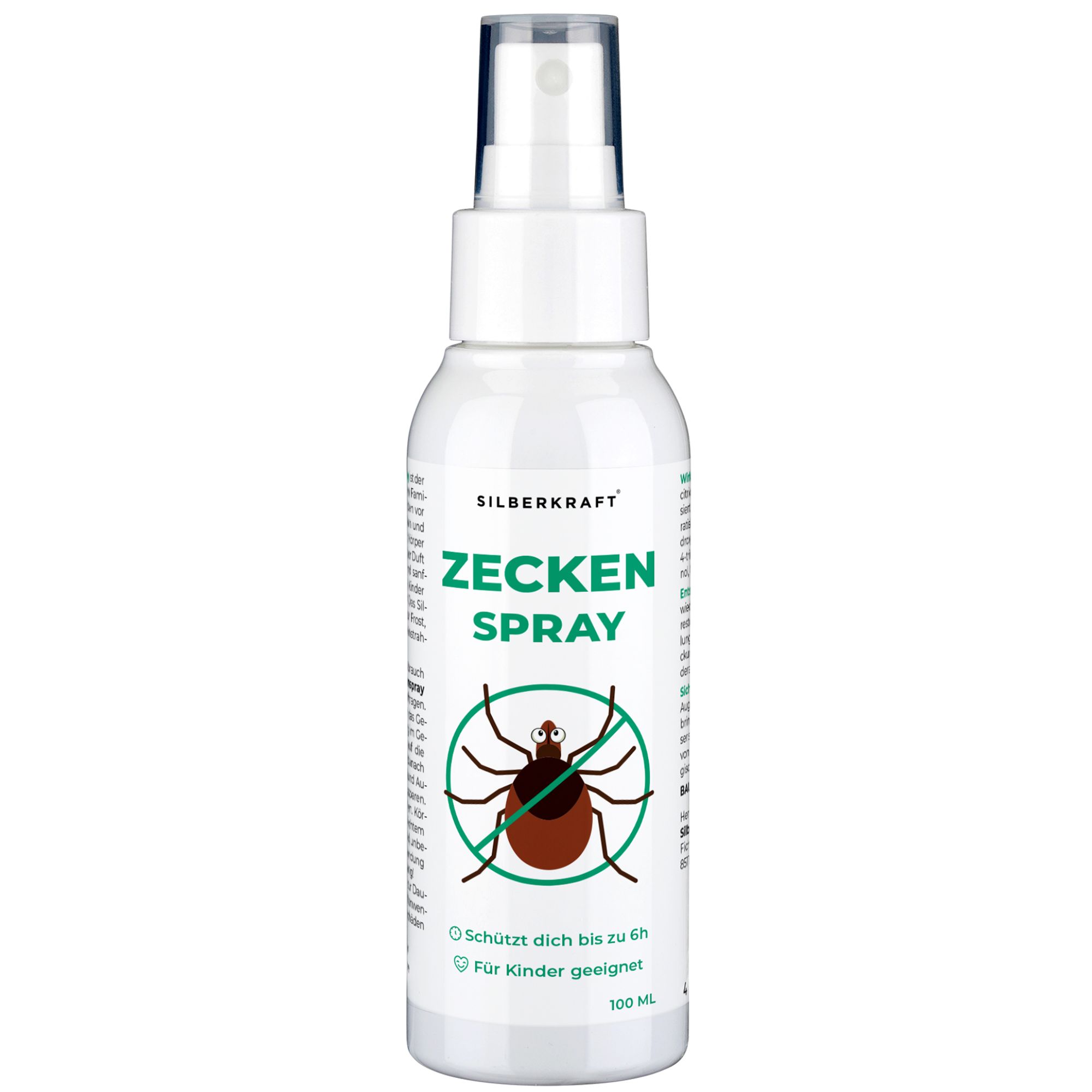 Flasche SILBERKRAFT Zeckenspray 100ml mit Sprühkopf. Zeigt Zecke im Kreis mit Verbotssymbol. Schützt bis zu 6h.