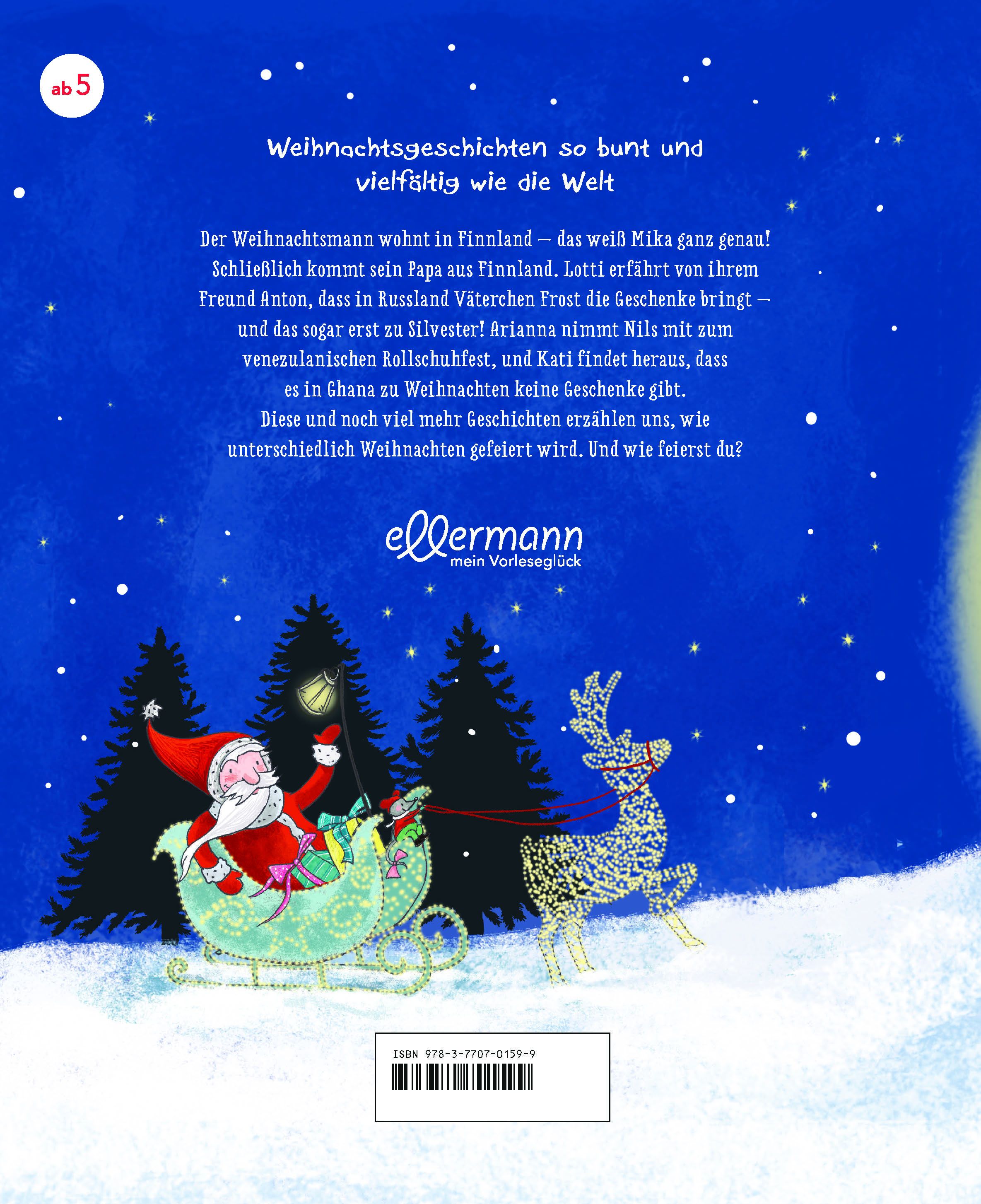 Rückseite des Buches "Und wie feierst du?". Text, Illustration von Weihnachtsmann im Schlitten und Rentier. Verlag: ellermann.