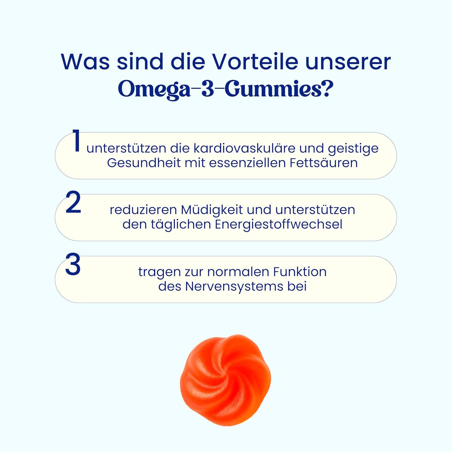 Text mit Vorteilen von Omega-3-Gummis. Drei nummerierte Punkte: Unterstützung der Gesundheit, Reduzierung von Müdigkeit, Nervensystem.