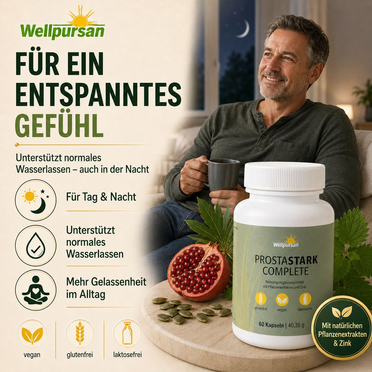 Mann mit Wellpursan Prostastark Complete Dose für ein entspanntes Gefühl, Tag und Nacht.