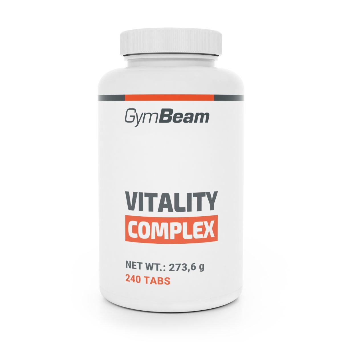 Weiße Dose mit GymBeam Vitality Complex Multivitamin-Tabletten, 240 Stück.