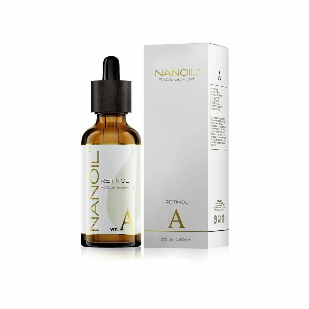 Nanoil Retinol Face Serum in brauner Glasflasche mit schwarzer Pipette und weißer Verpackung. Aufschrift: Retinol, A.
